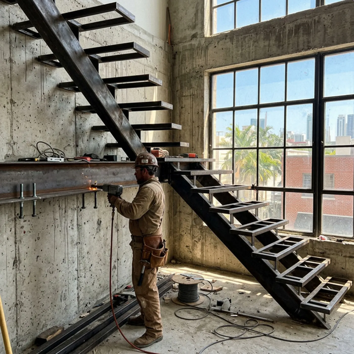 Industrial steel beam floating stair in a NYC loft